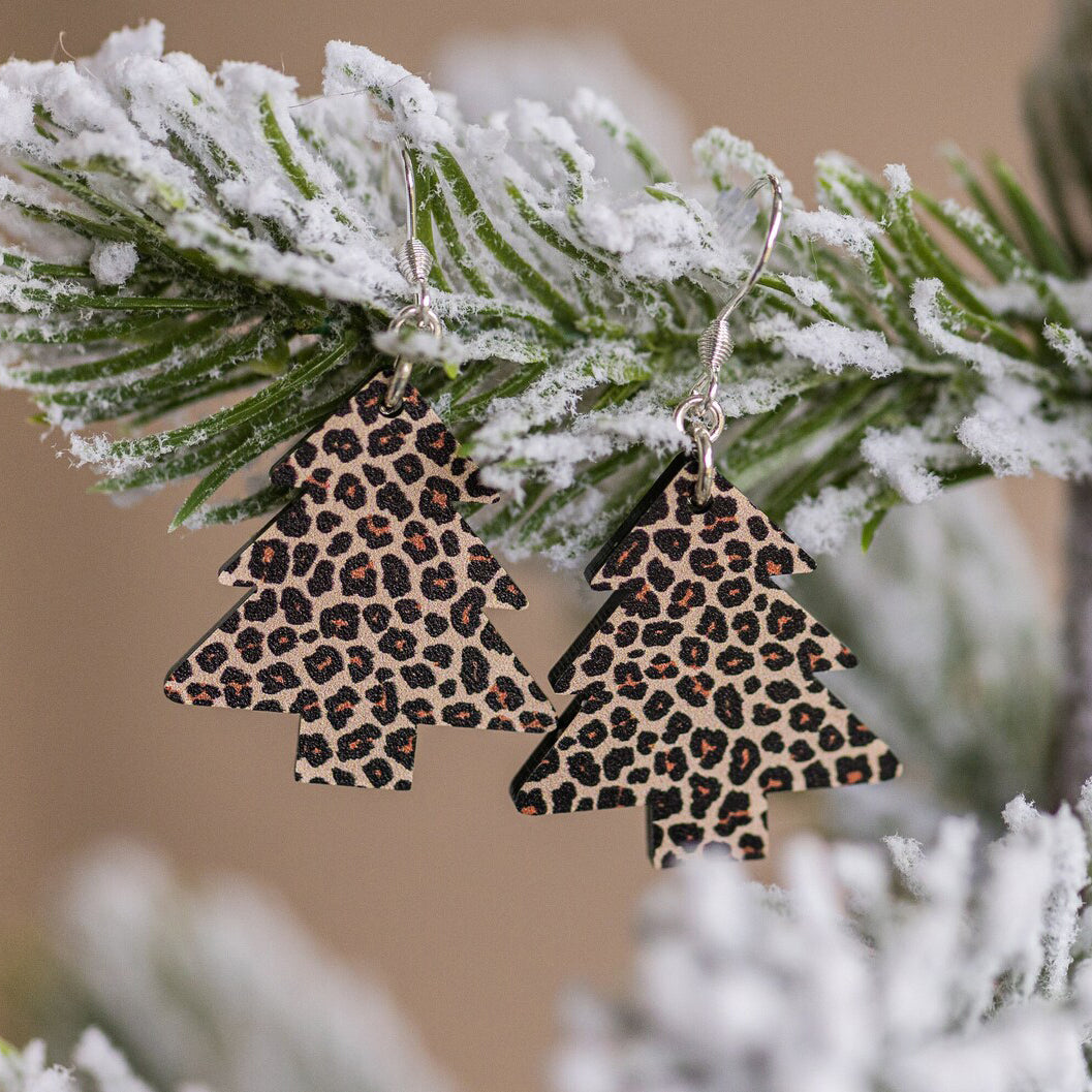 Leopard Print Christmas Tree Earrings