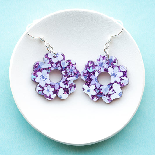 Purple Glitter Flower Earrings