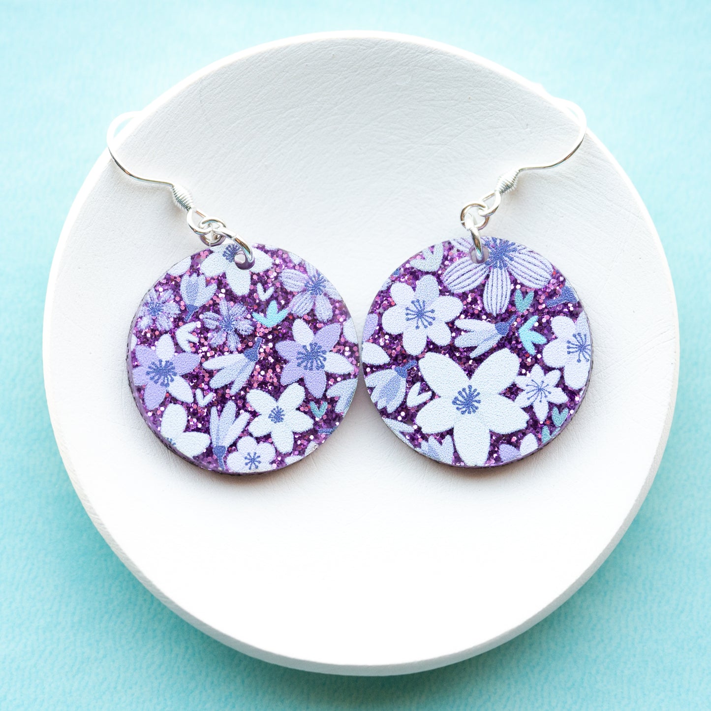 Purple Glitter Flower Earrings