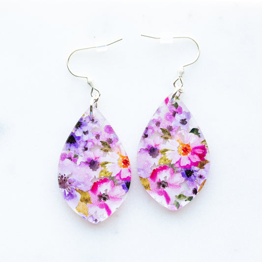 Purple & Pink Floral Earrings Oval