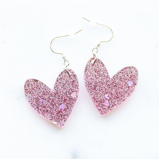 Glitter Pink Heart Earrings