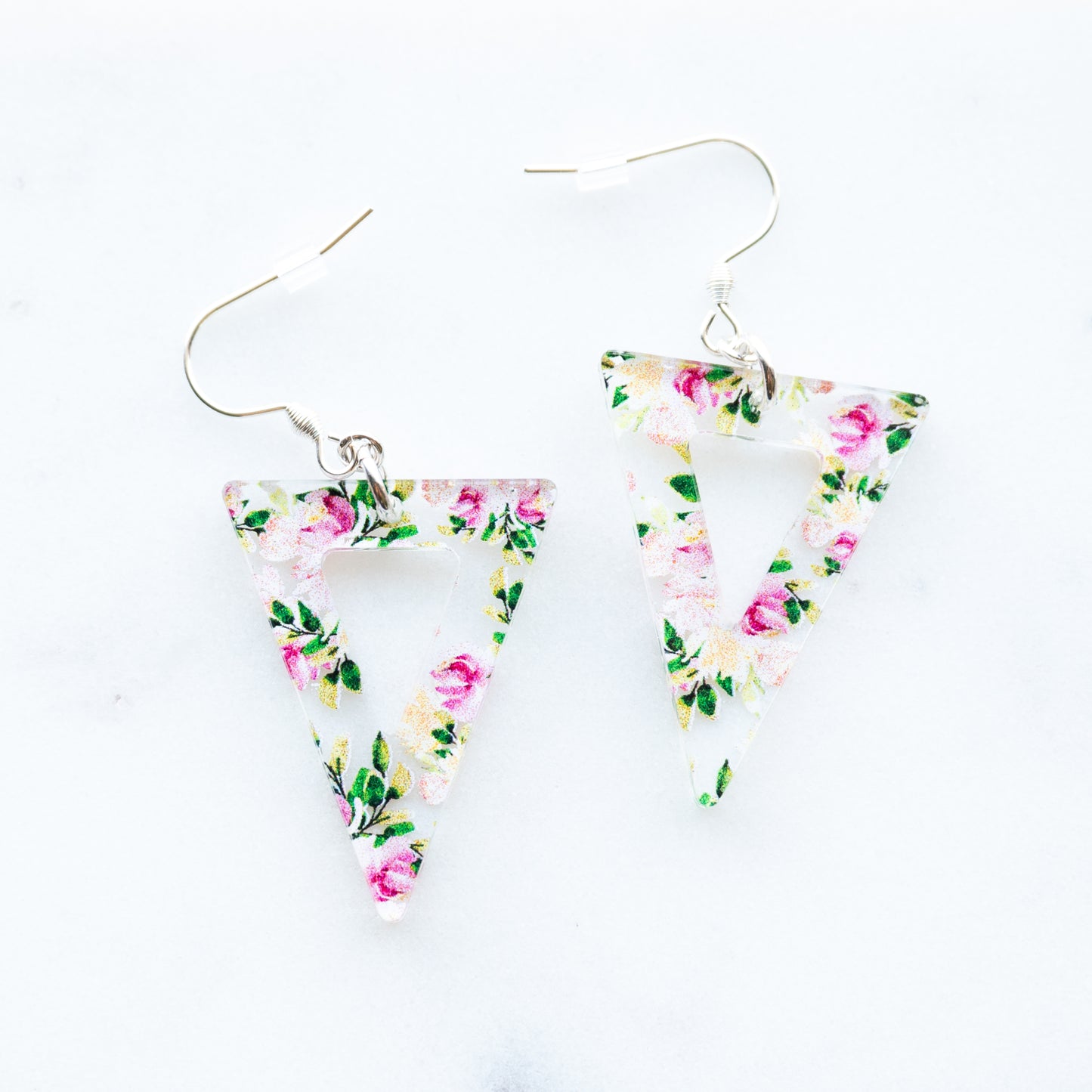 Pink Flower Triangle Earrings