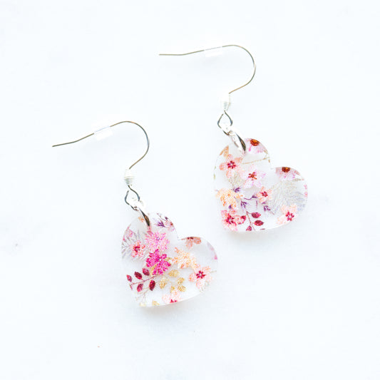 Small Pink Floral Heart Earrings