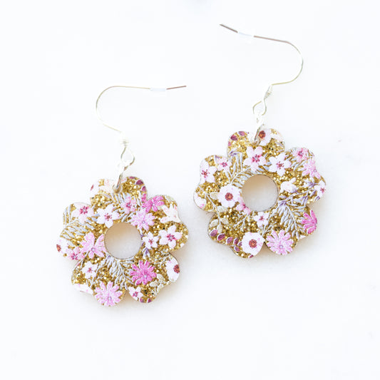 Gold Glitter Flower Earrings